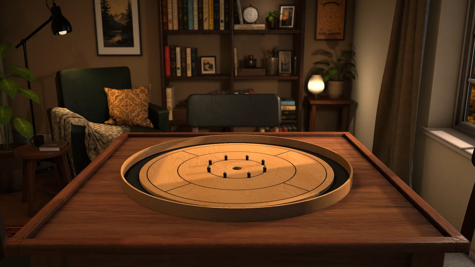 Boardcraft Crokinole environment still showing a custom board setup.