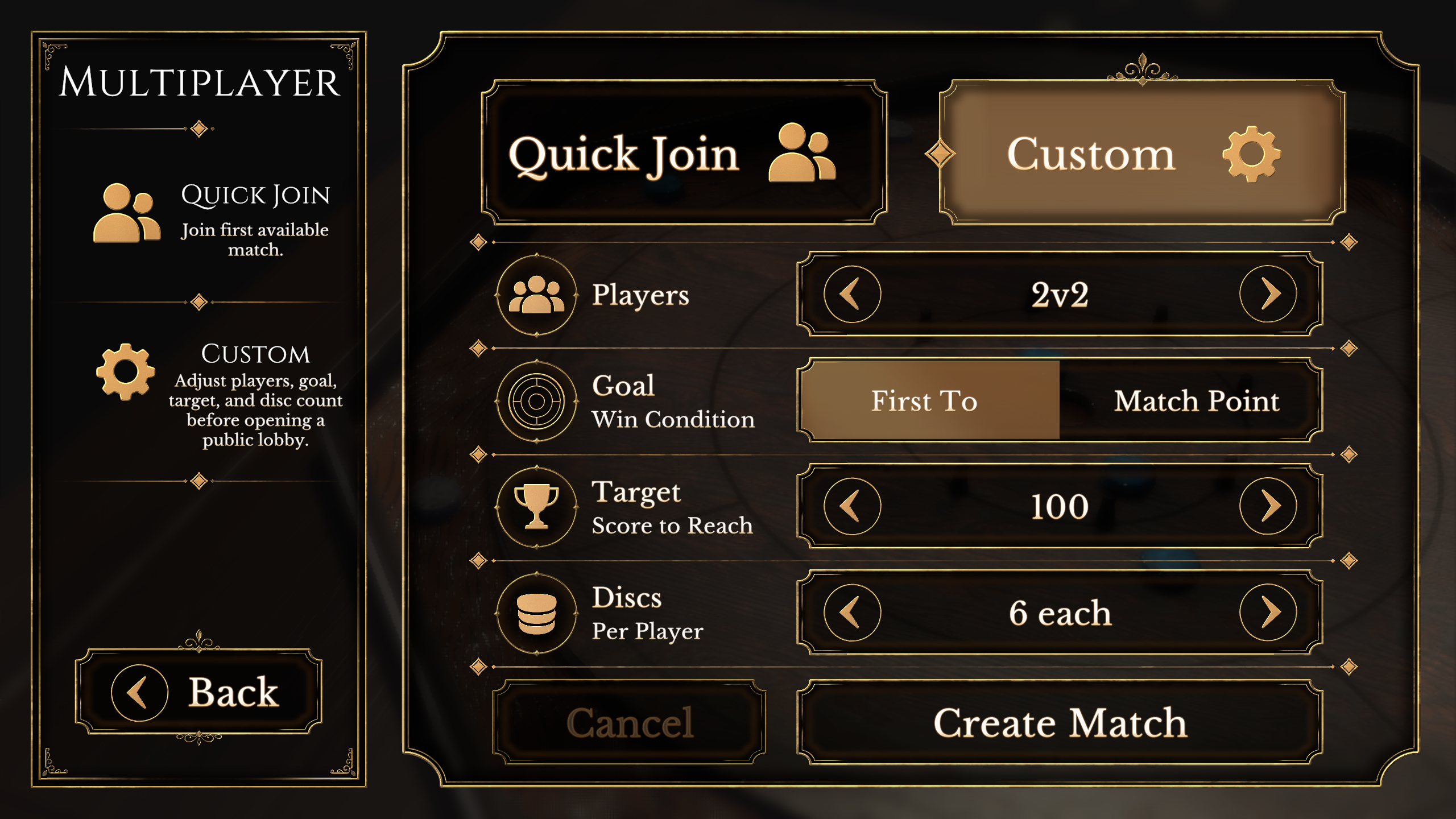 Multiplayer setup screen with quick join and custom match settings.